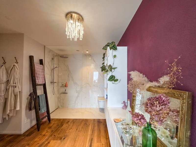 Bathroom with wooden floor, white walls, glass shower, chandelier, plant, mirror, towels, ladder with towels, toilet, sink, decorative items