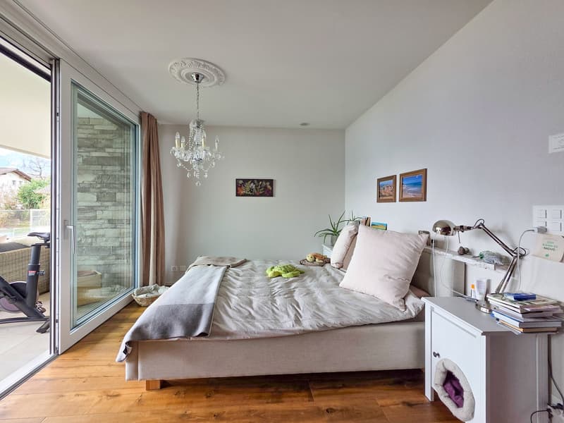 bedroom with bed, chandelier, nightstand, lamp, sliding glass doors, balcony, plants, pictures