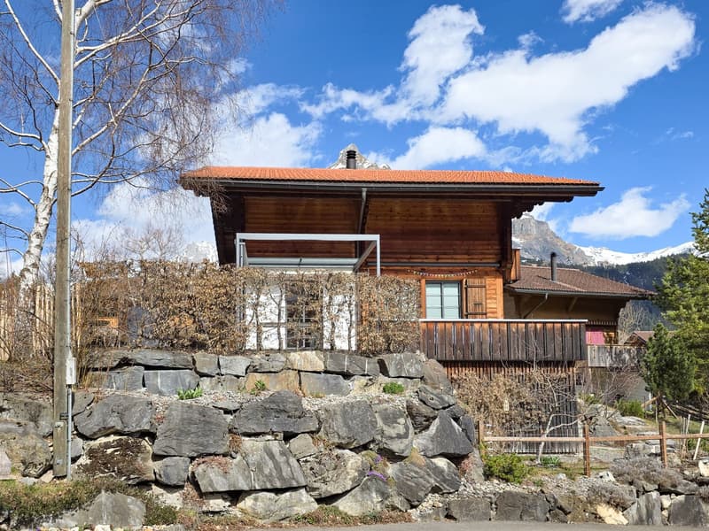wooden house, red roof, wooden fence, stone wall, mountain view