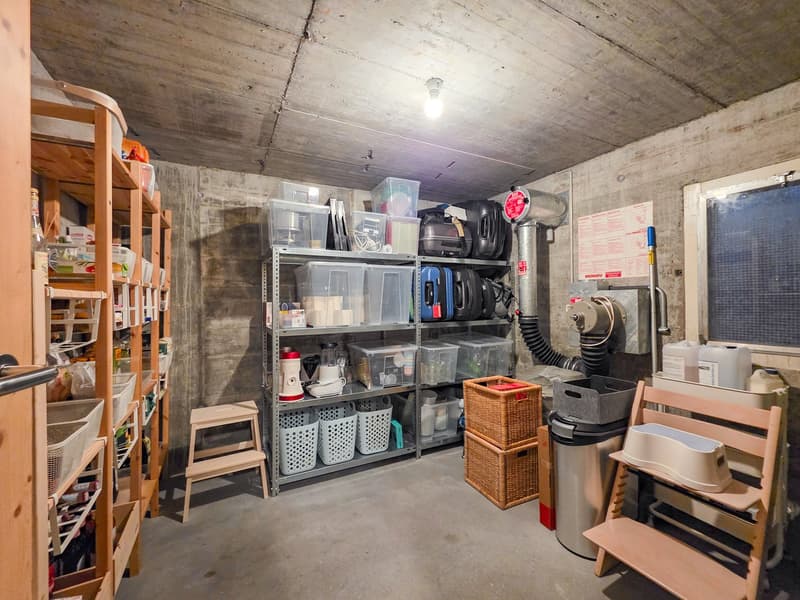 Storage room with shelves, baskets, storage boxes, appliances, and a stool.