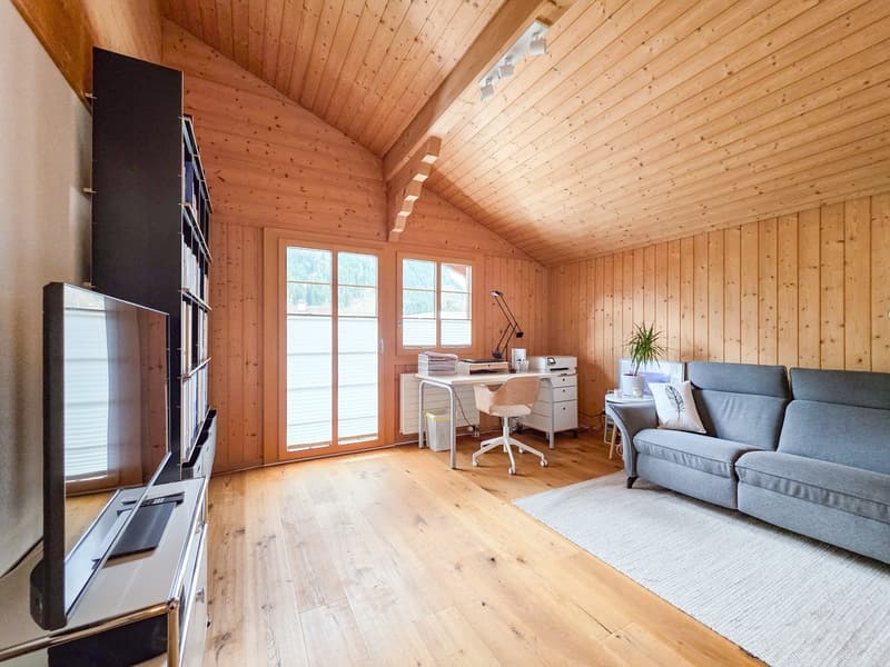 wooden walls, wooden floor, large windows, desk, chair, couch, TV, cabinet, plant
