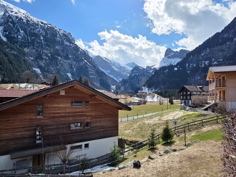 Wooden house, brown exterior, white windows, surrounded by mountains, green field, wooden fence