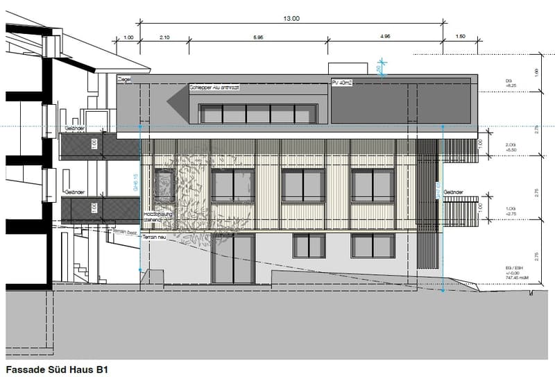 Facade of a house with multiple windows, balconies, and a terrace