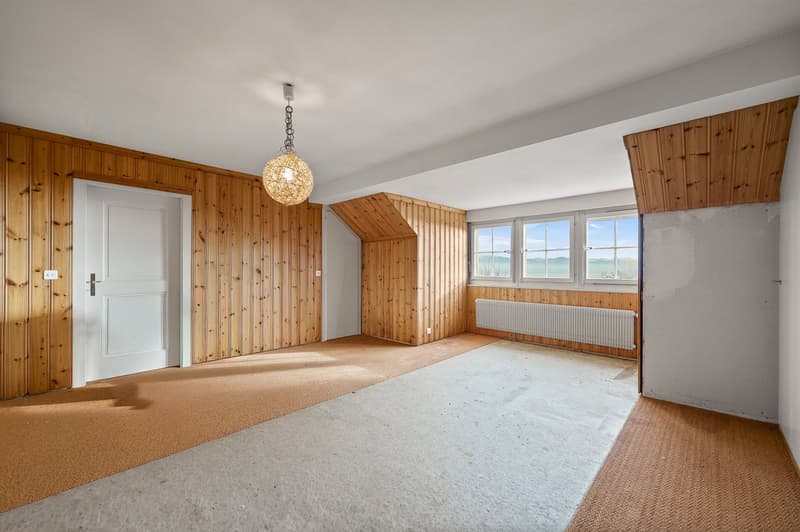 wooden walls, carpeted floor, radiator, windows