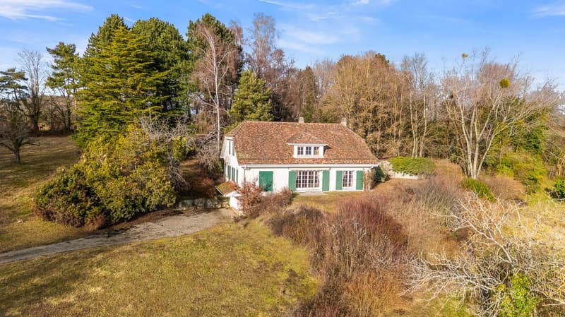 white house, brown roof, several windows, large field, few trees