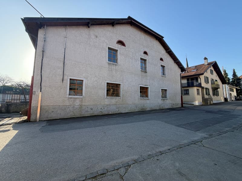 Large building with multiple windows, concrete wall, brown roof, empty street in front