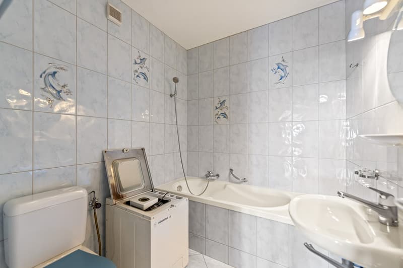 white tiled walls, bathtub, sink, toilet, washing machine, shower head