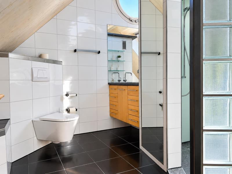 Blick ins Badezimmer Dachgeschoss mit Toilette