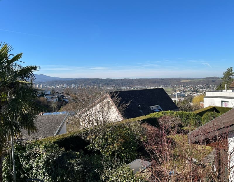 House with a view of the city and mountains, surrounded by greenery and trees