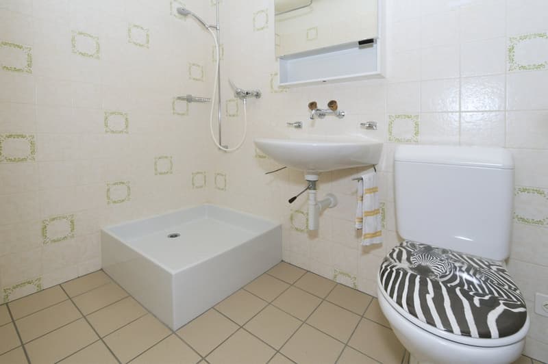 white tiles, white shower, white sink, white toilet, zebra print toilet seat, towel rack