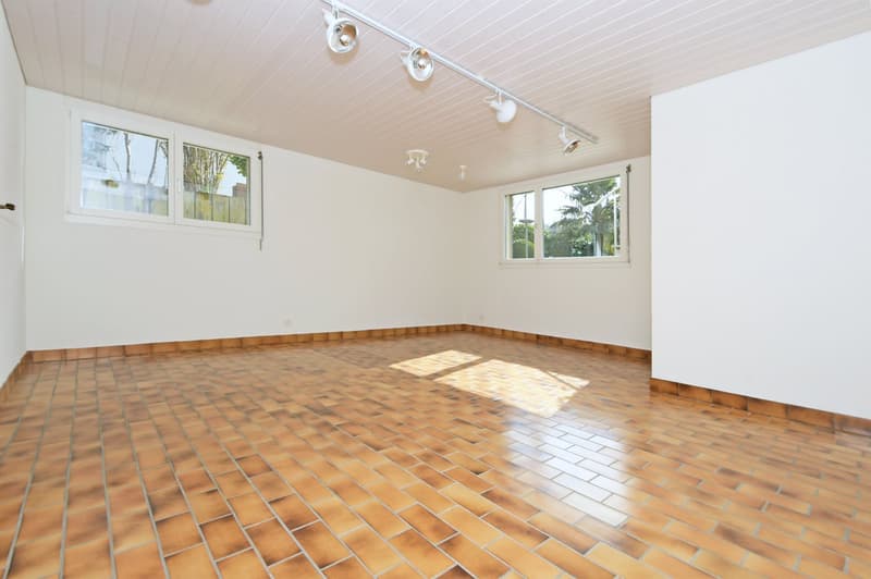 empty room, white walls, brown tiled floor, two windows, track lighting