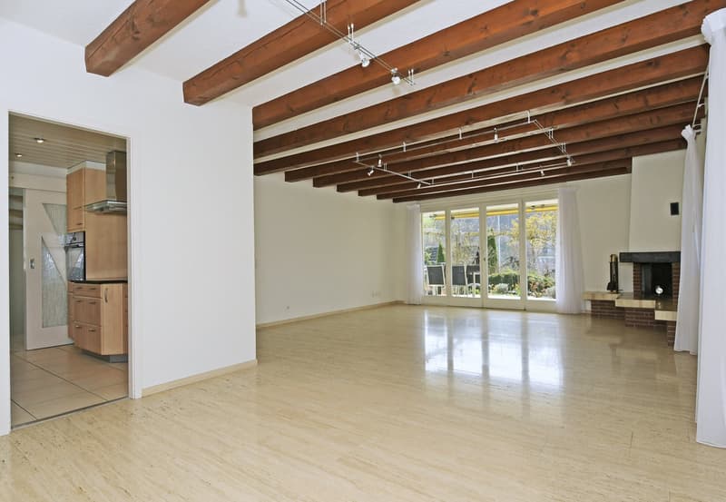 large open space, wooden beams, fireplace, sliding glass doors, kitchen area