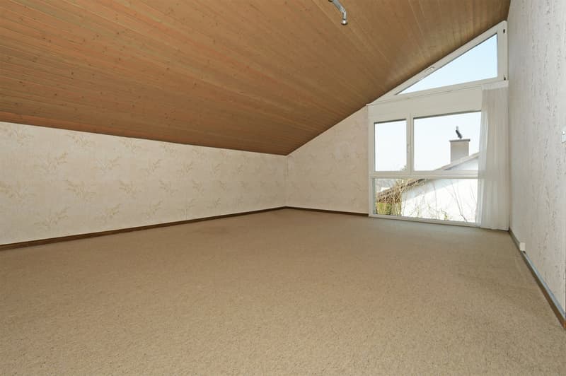 empty room, wooden ceiling, carpeted floor, large window, view of outside