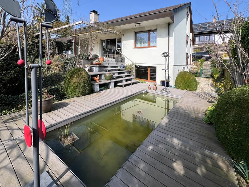 Wooden deck, swimming pool, plants, shrubs, house in the background
