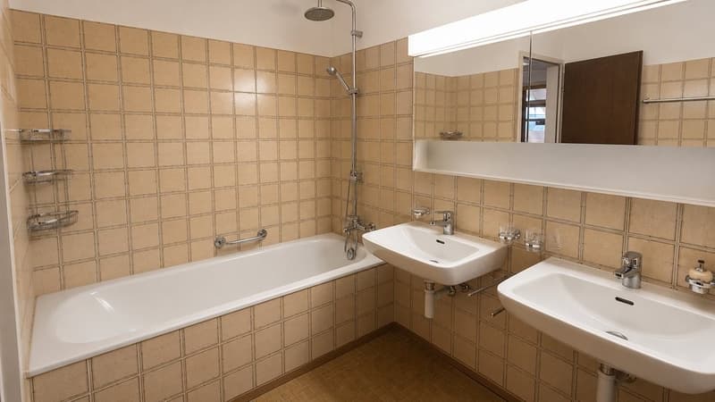 Badezimmer mit Badewanne, Doppel-Lavabo, WC