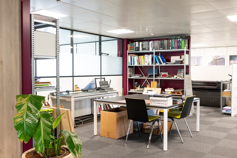 The image shows an office space with a desk, computer, and shelves filled with books and other office supplies. There is a large window providing natural light, and a potted plant in the corner. The space appears to be organized and functional, with a mix