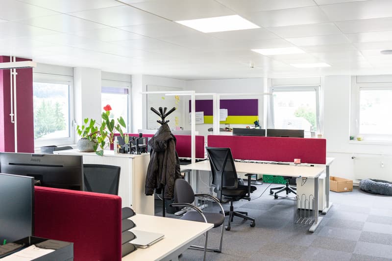 Open office space with white walls, large windows, red and purple accents, desks, chairs, computers, and office equipment