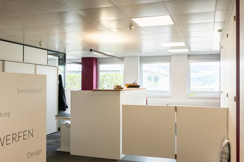The image shows an open office space with a reception area. The space has a modern, minimalist design with white walls, a suspended ceiling, and large windows providing natural light. There is a reception desk with a burgundy accent wall behind it. The sp