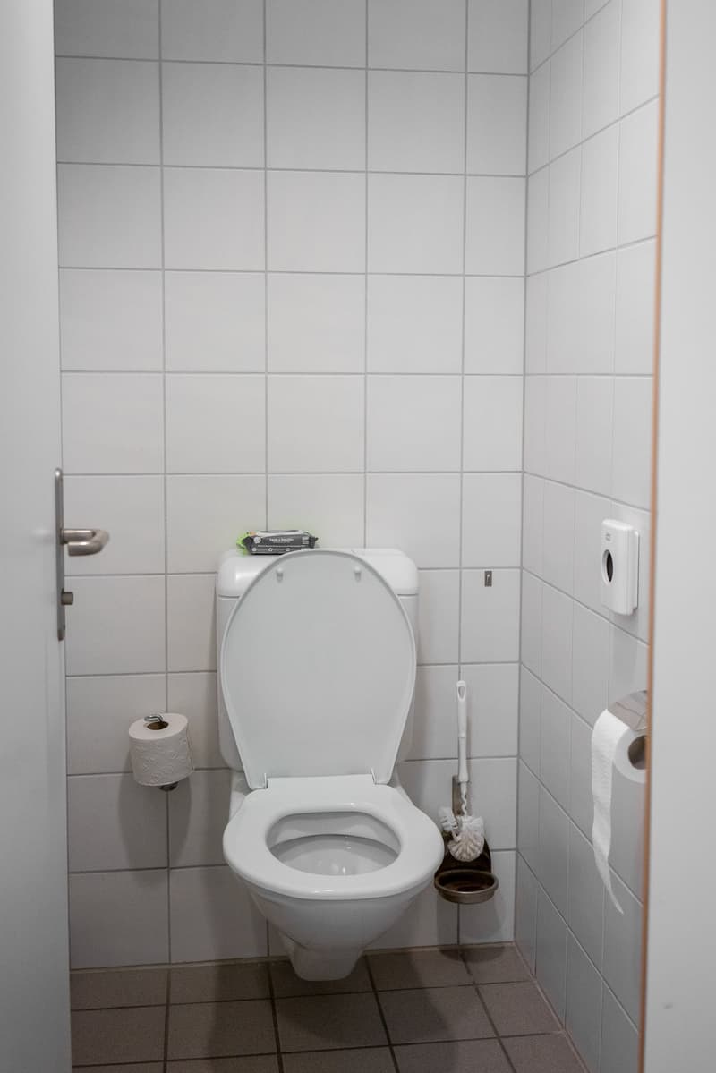 The image shows a bathroom with a white toilet, toilet paper holder, and a brush holder. The walls are tiled with a grid pattern and the floor is also tiled. There is a hand dryer or other electrical device mounted on the wall.