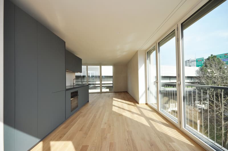 modern kitchen with wooden floor, gray cabinets, large windows, balcony with railings, view of the outside