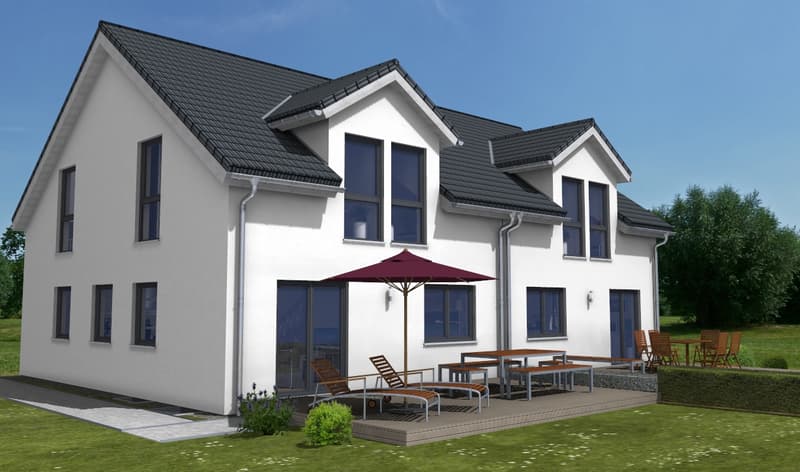 2-story white house with black roof, large windows, patio with outdoor furniture and umbrella, parking area