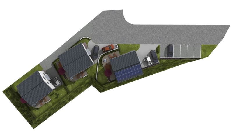Three residential buildings, car park, parking spots, solar panels, outdoor seating, grassy area.
