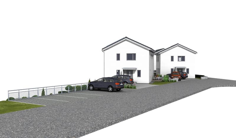 two 2-storey houses, cars parked in driveway, front yard with a garden and fence