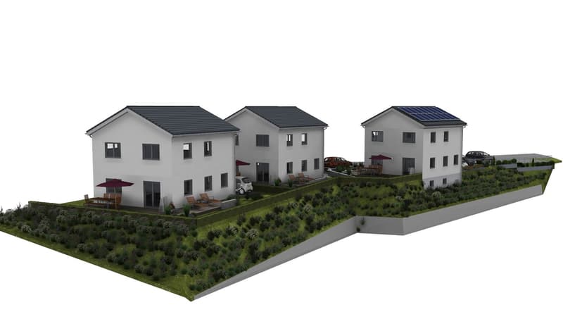 Three houses with solar panels, grass, patio with tables and chairs, parking