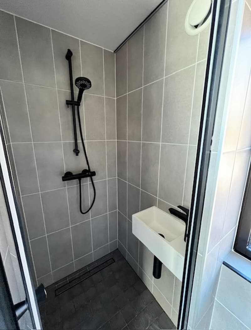 Shower area with shower head, shower rail, and built-in sink