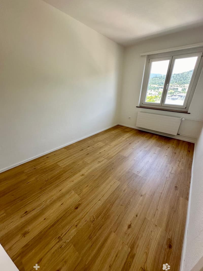 empty room, wooden floor, white walls, large window, view of mountains