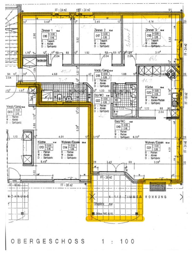 Floor plan with 3 bedrooms, 2 bathrooms, kitchen, living room, hallway, and a balcony