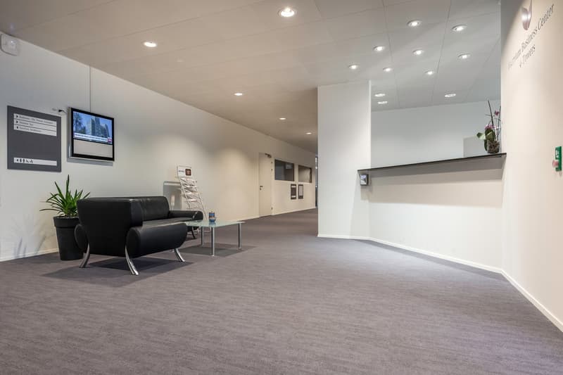 Spacious office lobby with gray carpeted flooring, white walls, recessed lighting, and black leather chairs. There is a display screen on the wall and a potted plant on a shelf. The lobby appears to be well-maintained and designed for a professional busin
