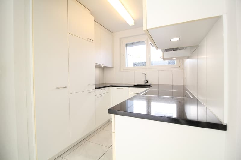 modern kitchen with white cabinets, black countertops, stainless steel sink, faucet, induction cooktop, window