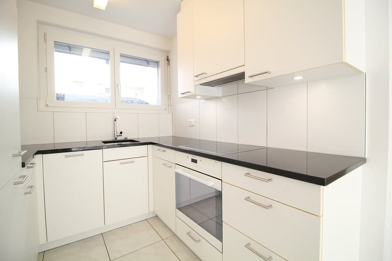 modern kitchen with white cabinets, black countertops, integrated oven and dishwasher, sink with faucet, window