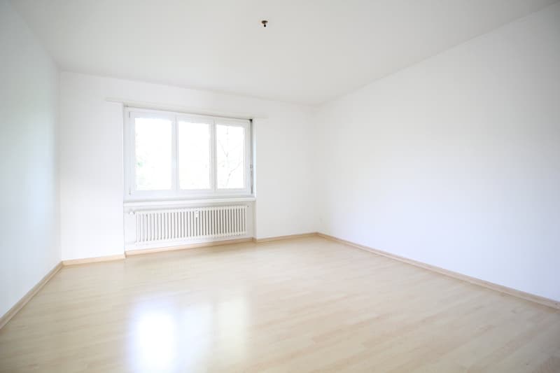 empty room, white walls, wooden floor, white radiator, window