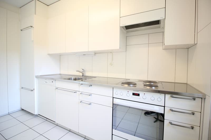 modern kitchen with white cabinets, stainless steel countertop, sink, oven, dishwasher, washing machine