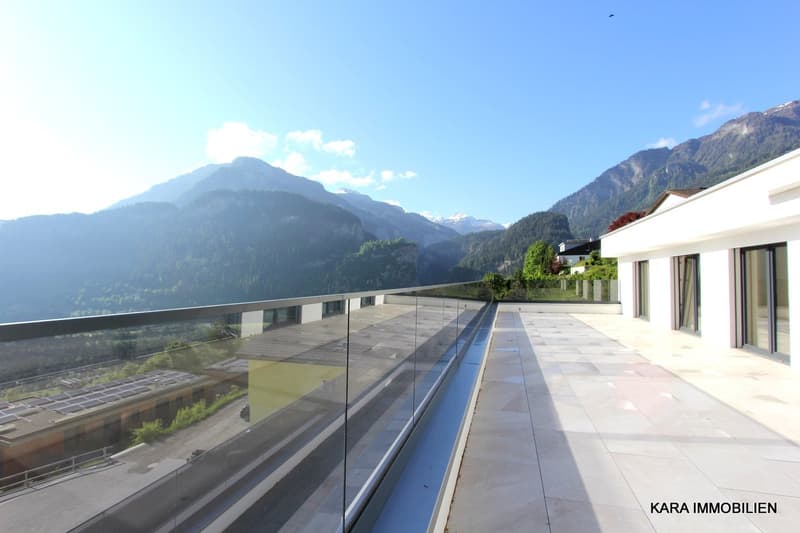 Balcony, view of mountains, glass railings