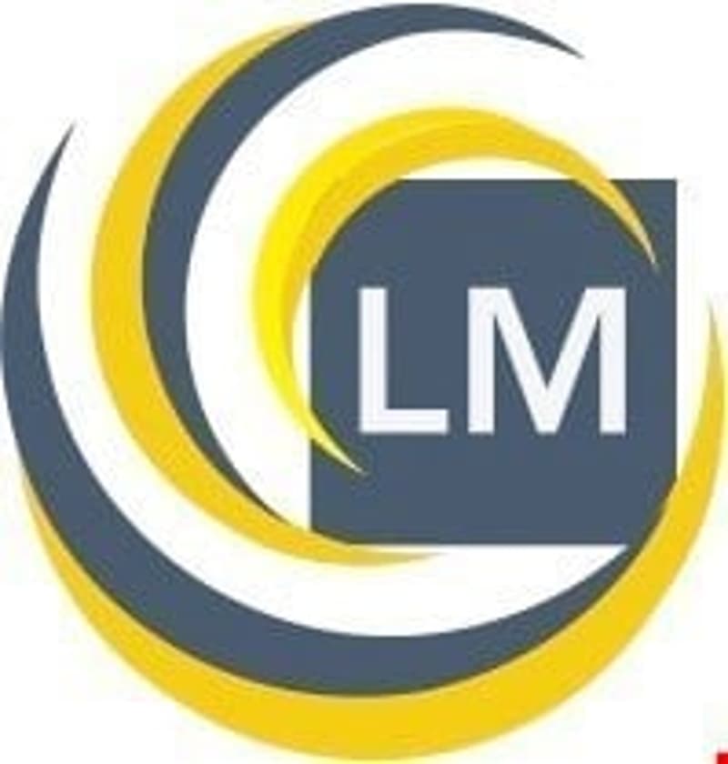 The image shows a circular logo with the letters 'LM' in the center. The logo has a gray background with yellow and white curved lines forming a spiral or circular pattern around the letters.