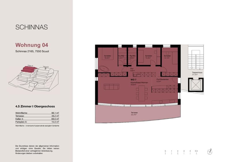 The floor plan shows a 4.5 room apartment on the upper floor. It includes a living/dining room, kitchen, 3 bedrooms, 2 bathrooms, and a terrace.