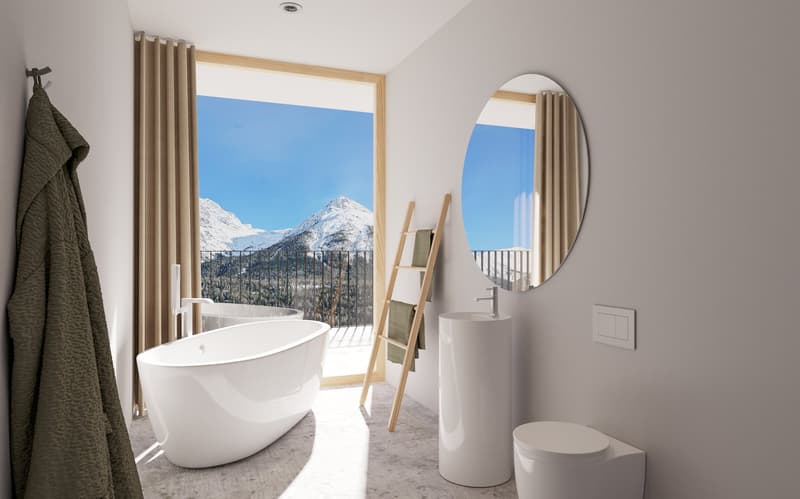 Spacious bathroom with a freestanding bathtub, large window with a scenic mountain view, oval mirror, and a ladder-style towel rack