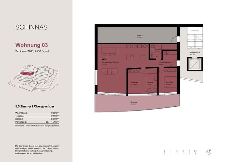 The floor plan shows a 3.5 room apartment with a living/dining room, 3 bedrooms, a bathroom, a separate toilet, a walk-in closet, and a terrace.