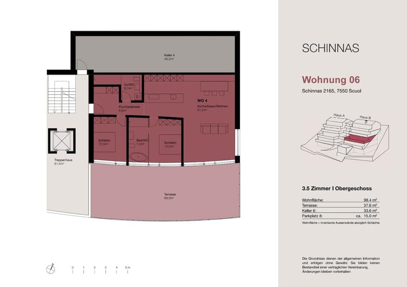 The floor plan shows a 3.5 room apartment on the upper floor. It includes a living room/kitchen area, two bedrooms, a bathroom, and a terrace. The apartment has a total living area of 98.4 square meters and a terrace of 37.6 square meters.