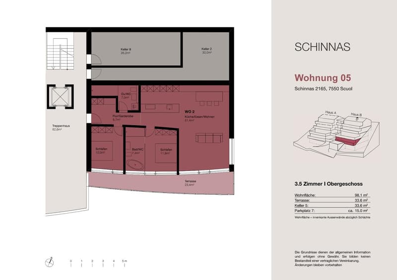 The floor plan shows a 3.5 room apartment on the ground floor. It includes a living/dining room, kitchen, two bedrooms, bathroom, and a terrace. The apartment also has a cellar and stairwell access.