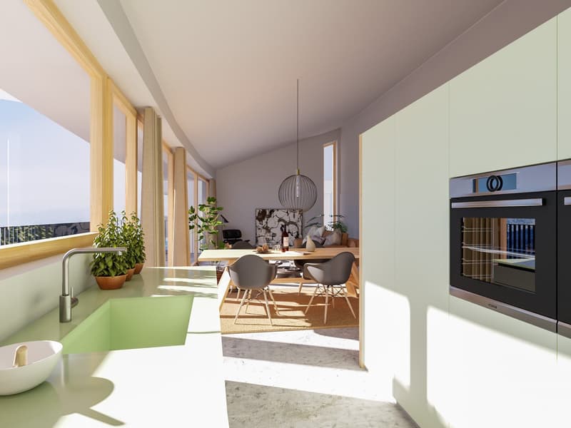 The image shows an open concept living room and kitchen area with large windows, a wooden dining table with gray chairs, a black oven, and potted plants. The space has a modern and minimalist design with a balcony or terrace visible through the windows.