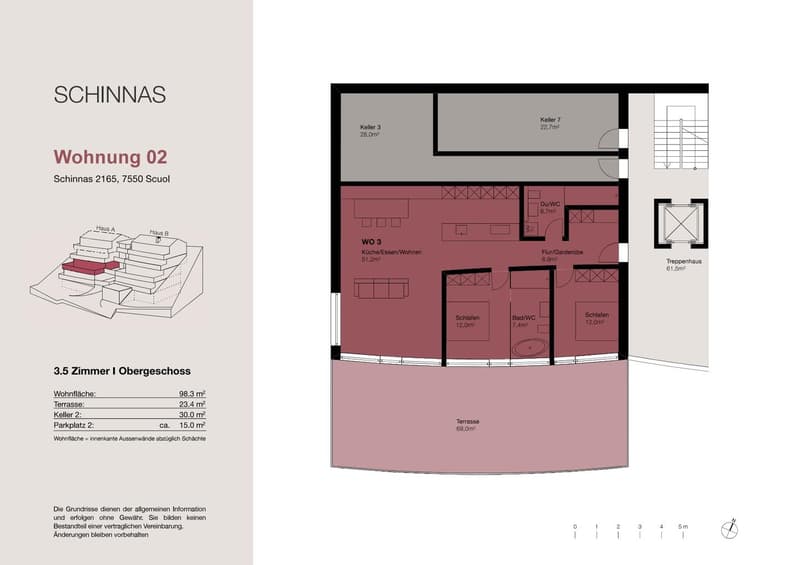 The floor plan shows a 3.5 room apartment with a living room, kitchen, two bedrooms, a bathroom, and a terrace.
