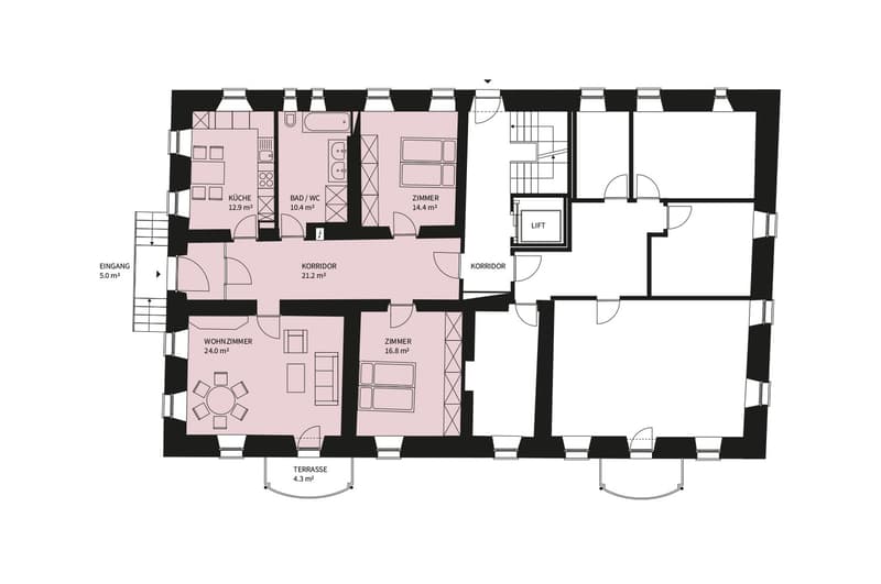 Living room, Kitchen, 2 bedrooms, 2 bathrooms, balcony, entrance, lift