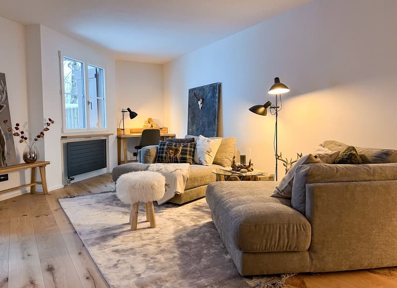 A comfortable living room with a sofa, armchair, and rug. A desk with a chair is situated next to a window with an outdoor view. A wooden table with a vase, and a radiator are also visible.