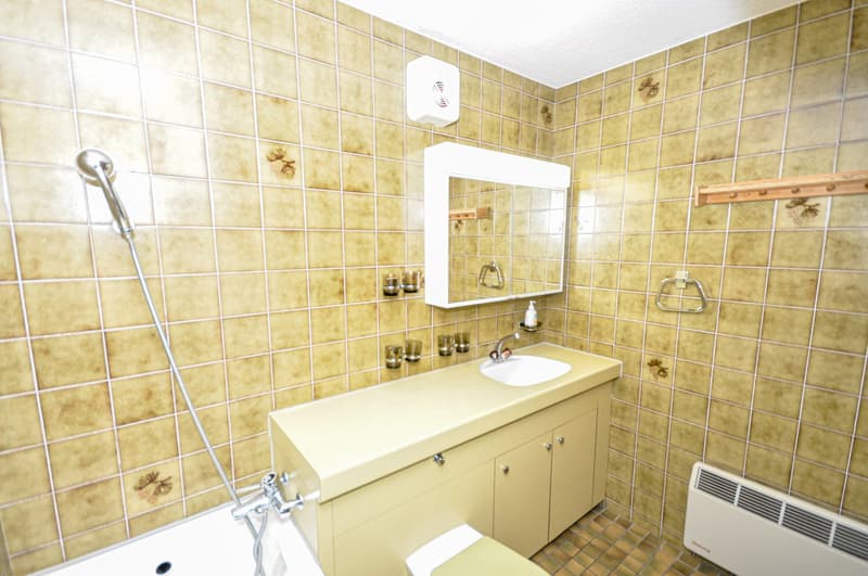 Bathtub, sink, toilet, mirror, cabinet, tiled walls, floor, showerhead, towel rack