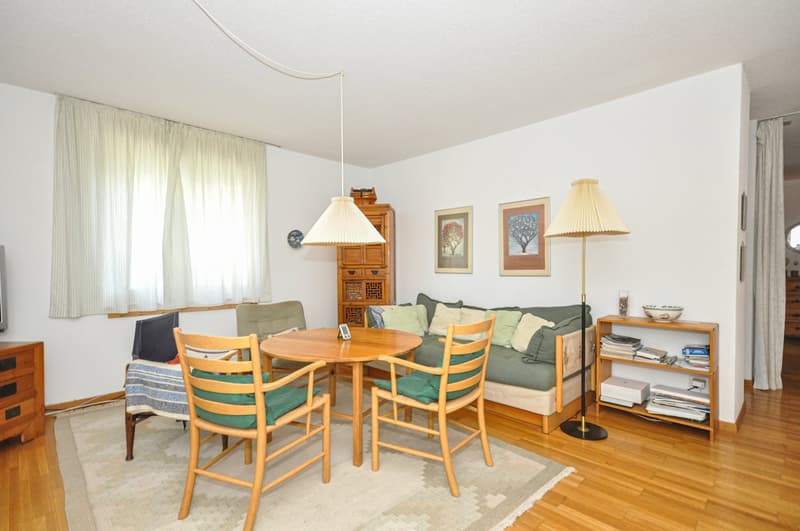 round table with 4 chairs, couch with pillows, shelf with books, wooden floor