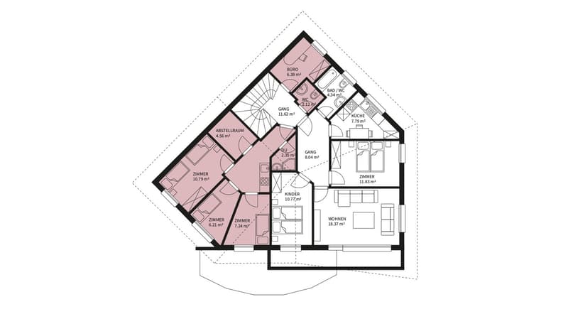 living room, kitchen, 2 bedrooms, 2 bathrooms, hallway, staircase, basement